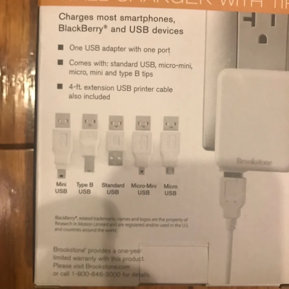 Brookstone Wall Charger With 5 USB Tips Micro-mini Mice Min Type B Standard NIB